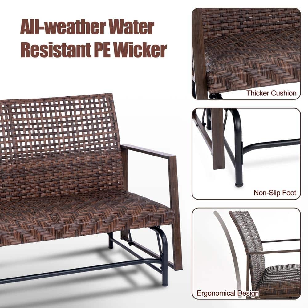 Brown Wicker 2-Person Outdoor Glider with Powder-Coated Frame