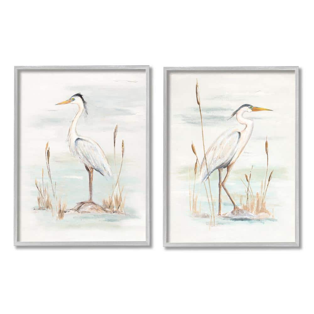 Elegant Heron Birds Gray Framed Canvas Wall Art Set