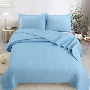 S92 Light Blue Stitching King Size Cotton Oversized Bedspread Set Coverlet Quilt Set