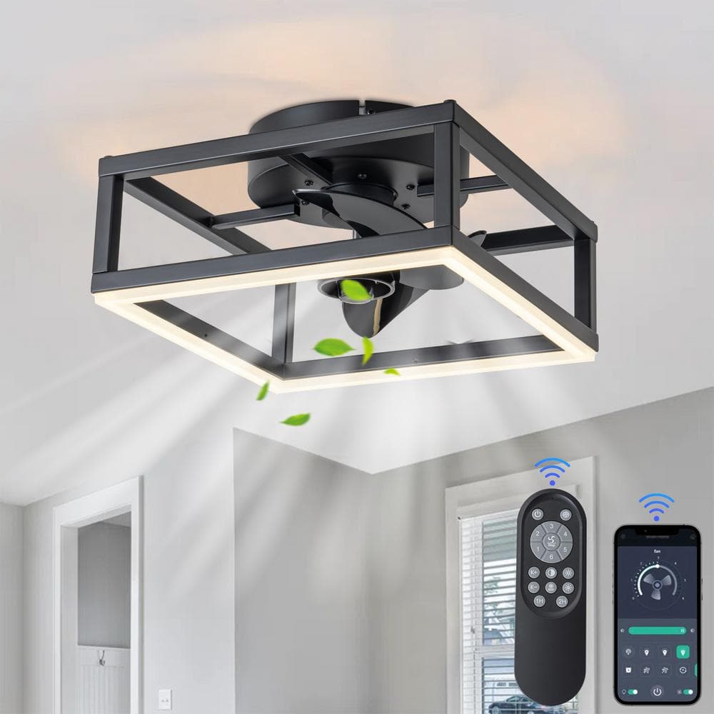 11.75 in. Smart Indoor Black Low Profile Caged Flush Mount Ceiling Fan with Integrated Dimmable LED with Remote Included price history on PriceWatchPro