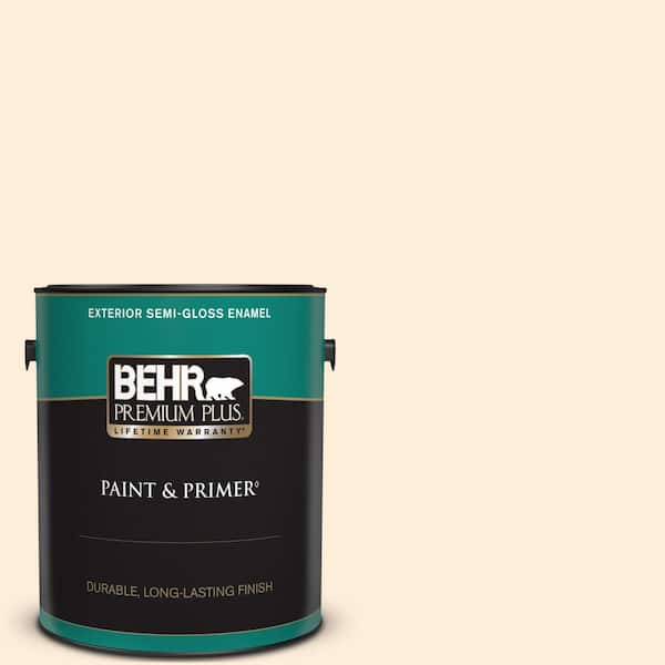 BEHR PREMIUM PLUS 1 gal. #70 Linen White Semi-Gloss Enamel Exterior Paint & Primer