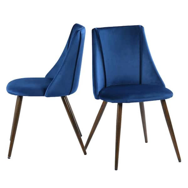 Homy Casa Smeg Blue Velvet Upholstered Walnut Metal Legs Side Dining Chairs(Set of 2)