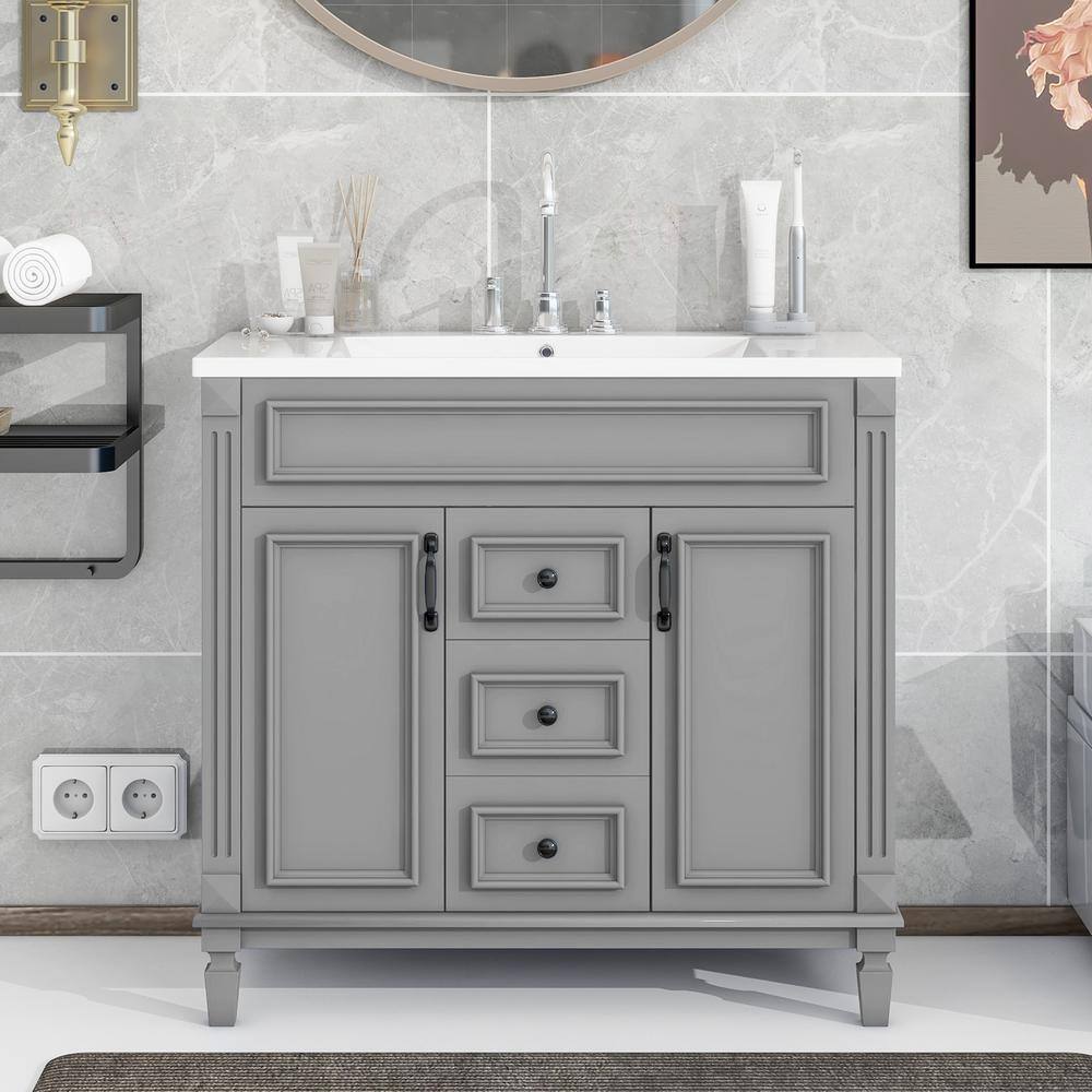 36 in. W x 18 in. D x 34 in. H Freestanding Bath Vanity in Gray with White 