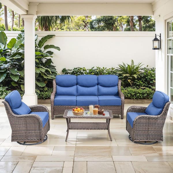 JHXL Brown 4-Piece Patio Conversation Set Outdoor Sofa Set Swivel Glider Chair With 6 in. Blue Cushions