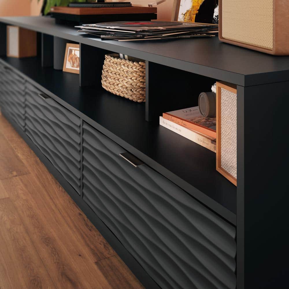 Sauder Morgan Main 85" Black Entertainment Credenza with Wave-Pattern Drawers