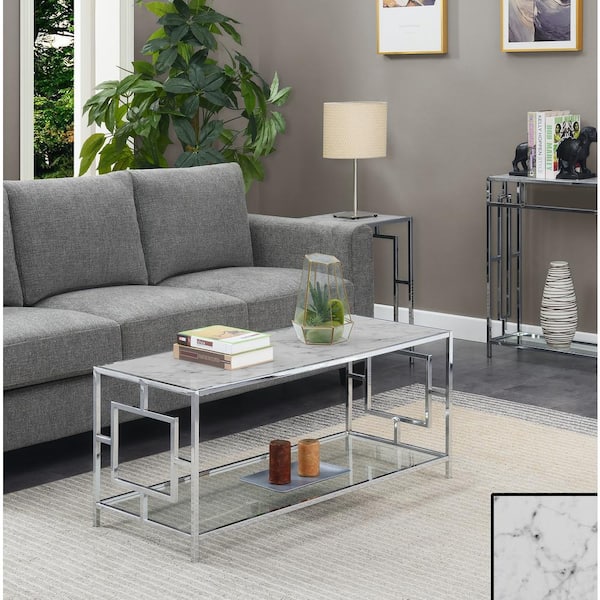 Town Square 42 in. Chrome Rectangle White Faux Marble Coffee Table with Shelf