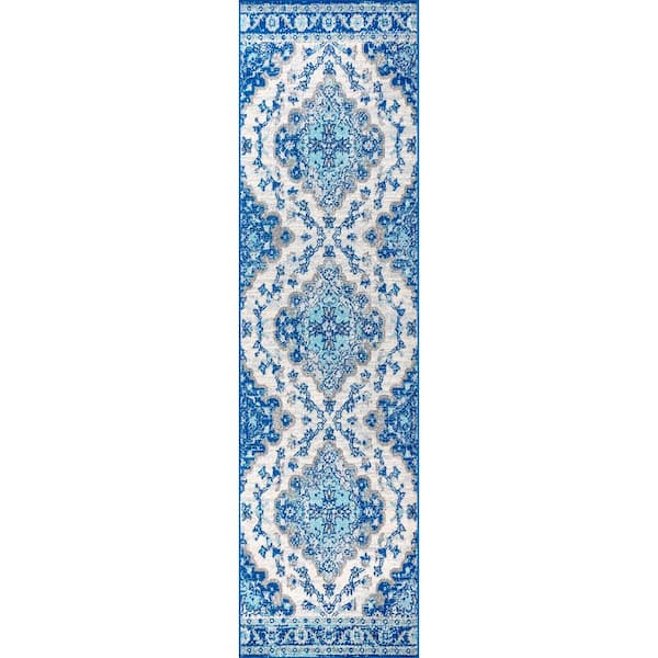 Bohemian FLAIR Boho Vintage Medallion Cream/Blue 2 ft. x 10 ft. Runner Rug