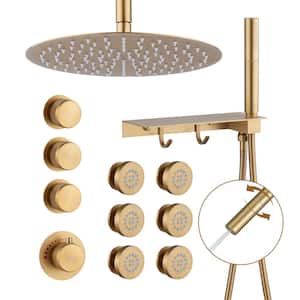Dual Showers 3-Spray Patterns 12 in. Round Ceiling Mounted Fixed and Handheld Shower Head 1.8 GPM in Brushed Gold