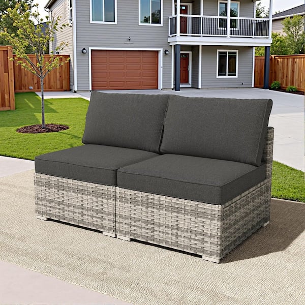 Chic 2 Pieces Wicker Patio Outdoor Conversation Middle Sofa Set with Black Cushions