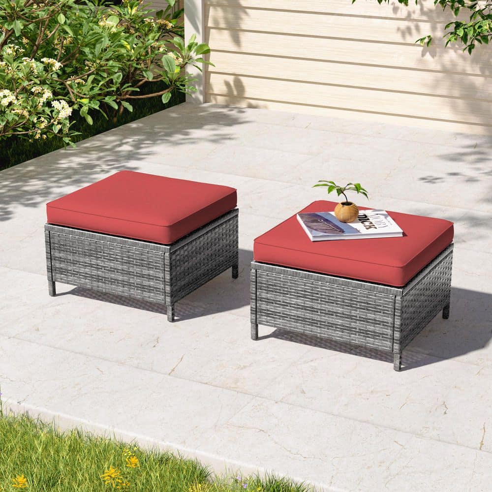2-Piece Steel Frame Gray Wicker Outdoor Ottoman with Rust Red Cushions price history on PriceWatchPro
