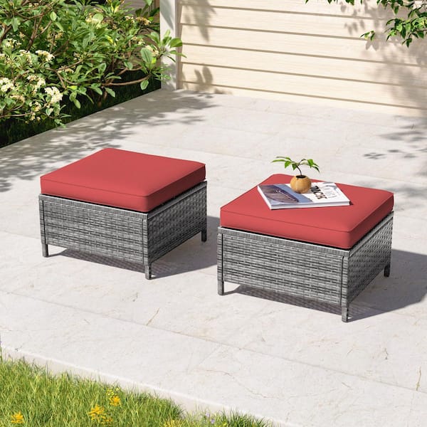 Sonkuki 2-Piece Steel Frame Gray Wicker Outdoor Ottoman with Rust Red Cushions