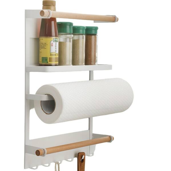 13.4 in. Magnetic Refrigerator Organizer Shelf with Paper Towel Holder, Hooks & Hanging Poles for Spices and Accessories