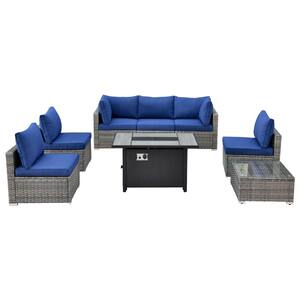 Sanibel Gray 8-Piece Wicker Patio Conversation Sofa Sectional Set with a Metal Fire Pit and Navy Blue Cushions