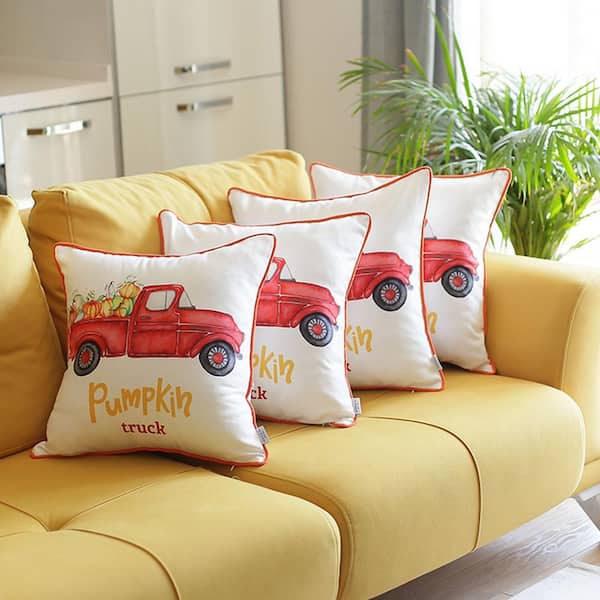 MIKE & Co. NEW YORK Fall Season Decorative Throw Pillow Red Pumpkin Truck 18 in. x 18 in. White & Red Square Thanksgiving for Couch Set of 4