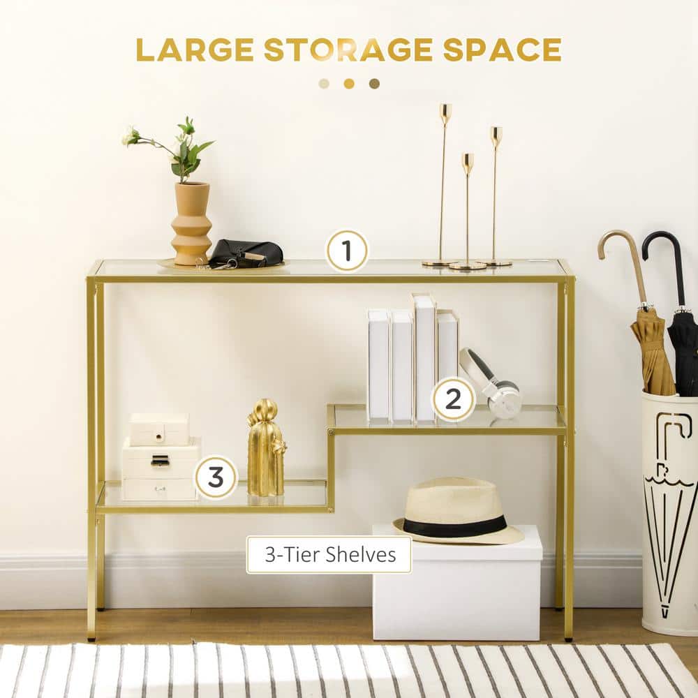Gold Steel and Clear Glass Console Table with Storage Shelves