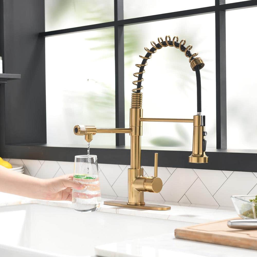Brushed Gold Commercial Pull-Down Kitchen Faucet with Spray