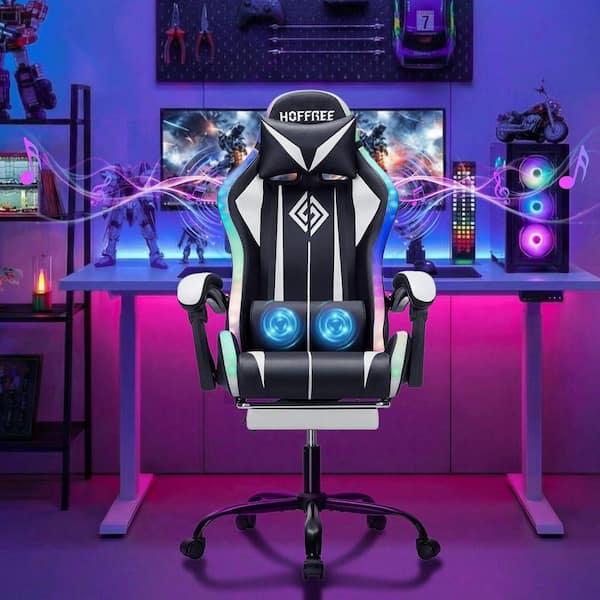 LED Faux Leather Massage Gaming Chair with Bluetooth Speakers in Black and White with Footrest Headrest Lumbar Support