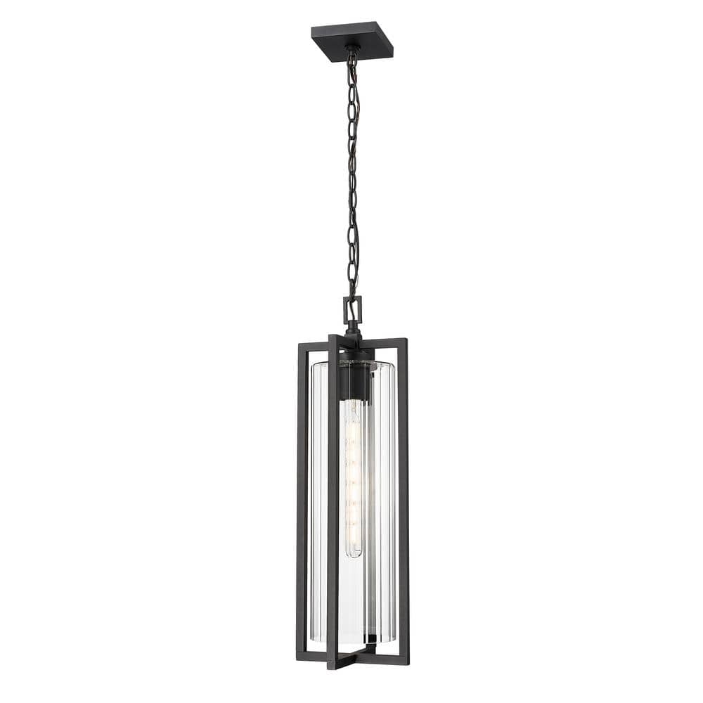 Aura 25 in. 1-light Black Dimmable Outdoor Pendant-Light with Clear Ribbed 