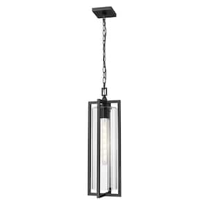 Aura 25 in. 1-light Black Dimmable Outdoor Pendant-Light with Clear Ribbed Glass with no bulbs included