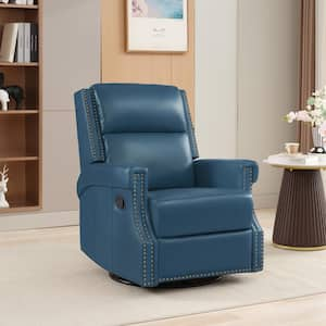 Modern Retro Navy Swivel Genuine Leather Recliner with Nailhead Trim