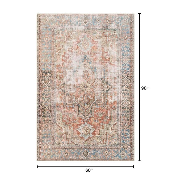 Terracotta and Sky Distressed 5 ft. x 7 ft.  Polyester Indoor Area Rug