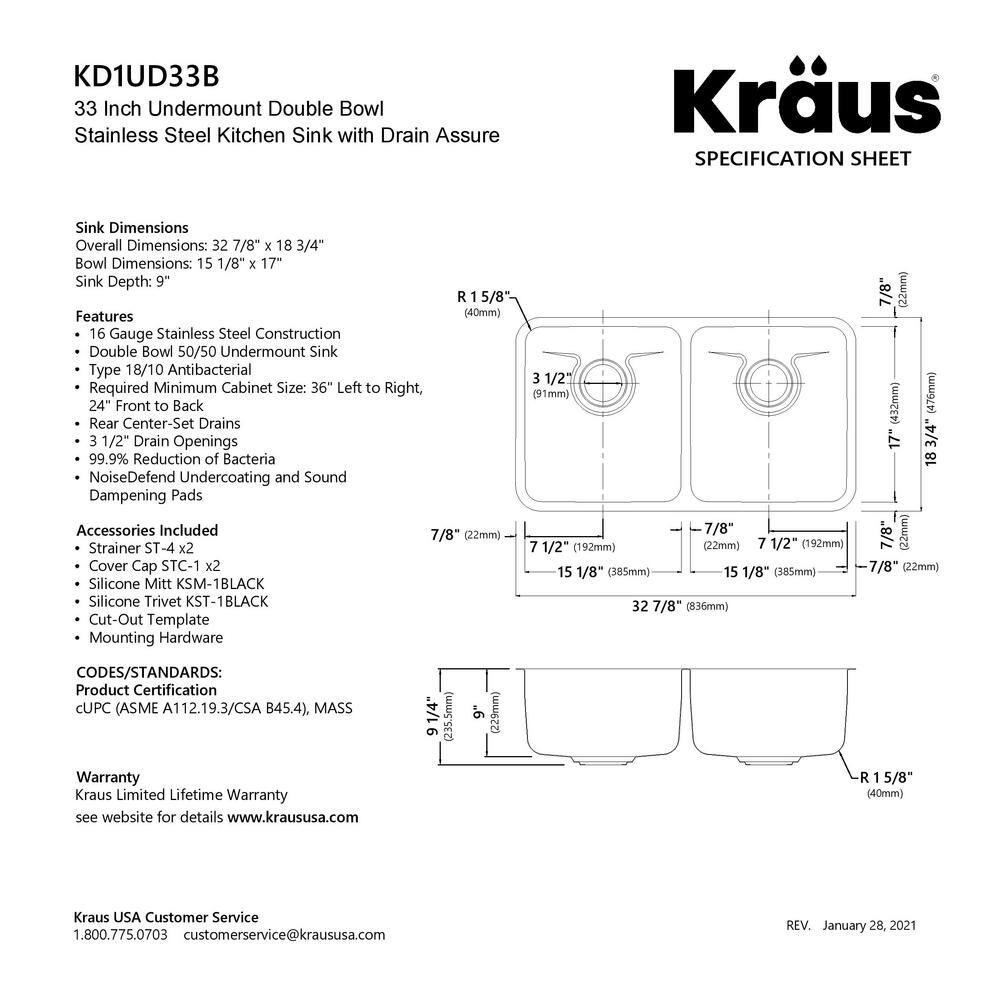 33-Inch Stainless Steel Undermount Double Bowl Kitchen Sink