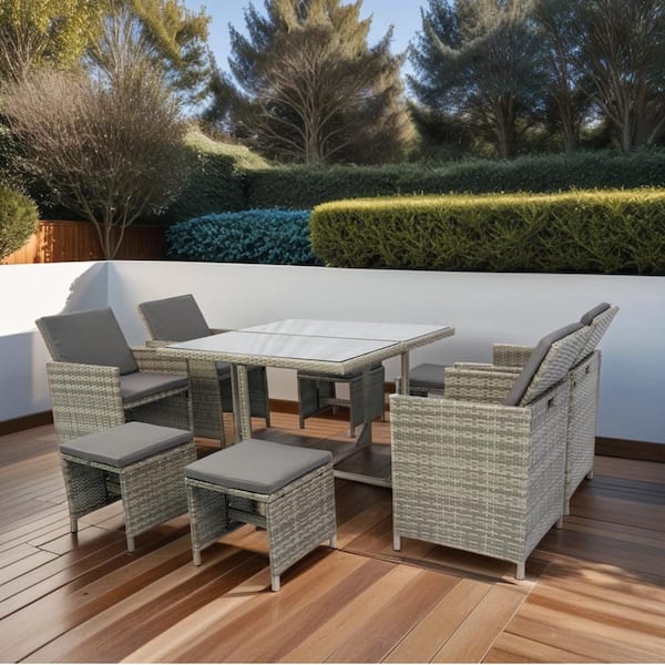 9 Piece Wicker Outdoor Dining Set with Gray Cushions Dining Table Set with Space Saving Rattan Chairs Patio Furniture