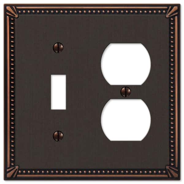 AMERELLE Imperial Bead 2 Gang 1-Toggle and 1-Duplex Metal Wall Plate - Aged Bronze