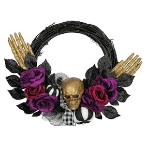 22- Inch Skull with Hands and Purple Roses Unlit Twig Halloween Wreath