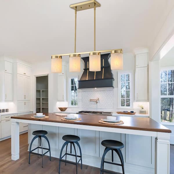 28.94 in. 4-Light Modern Copper Metal Linear Chandelier Island Pendant Light with Cylinder Glass Shades for Dining Room