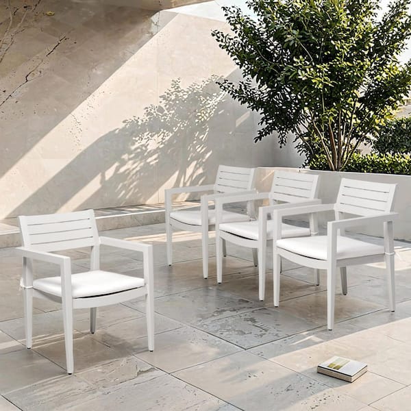 Zola Gray Aluminum Outdoor Patio Cushioned Dining Chairs with White Sunbrella Cushions, Set of 4