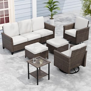 6-Piece Mix Brown Wicker Patio Conversation Set Wide Armrest 3-Seat Sofa Set, Beige Cushions, Swivel Chairs