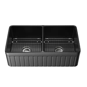 Rectangular Apron Front Farmhouse Kitchen Sink 33 in. Double Bowl Black Fireclay Kitchen Sink with Grids and Strainer