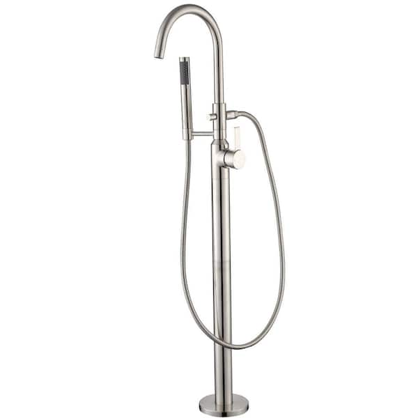 Modern Freestanding Single-Handle Floor-Mount Roman Tub Faucet Filler with Hand Shower in Brushed Nickel