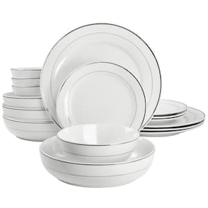 Classy 16-Pcs Round Porcelain Double Bowl Dinnerware Set Service of 4 with Silver Rims
