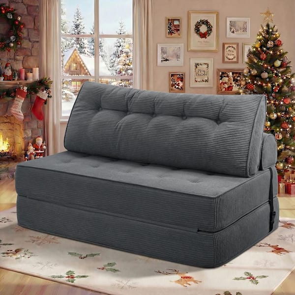 51.18 in. Folding Gray Corduroy Full Size Folding Sofa Bed