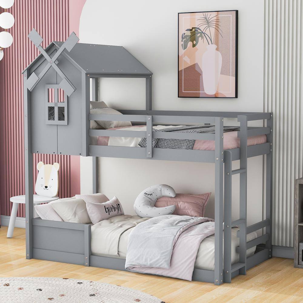 Harper & Bright Designs Gray Twin over Twin Wood House Bunk Bed with ...