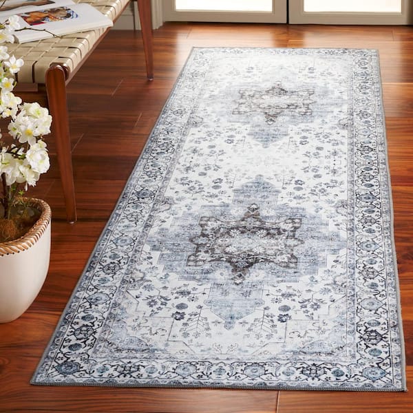 Arizona 3 ft. x 12 ft. Ivory/Blue Machine Washable Border Ornate Runner Rug