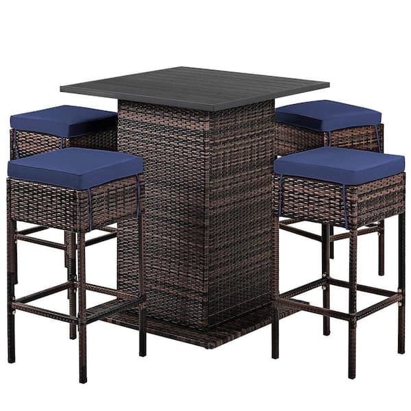 WELLFOR 5-Piece Plastic Outdoor Dining Set with Navy Cushion