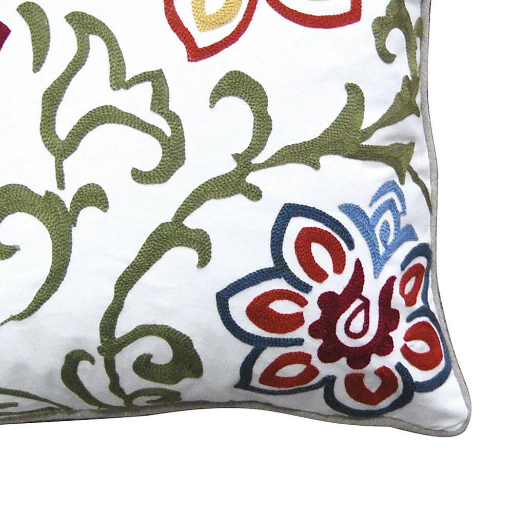 18" Multicolor Embroidered Floral Feather Throw Pillow