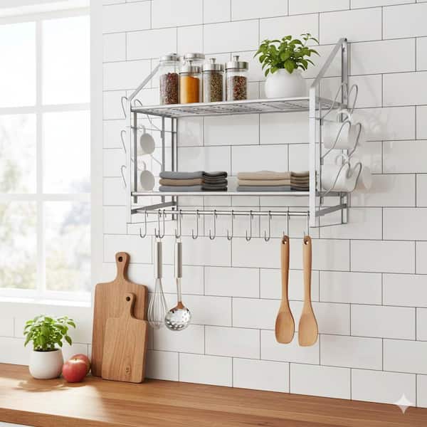 Silver Wall Mounted 2 Tier Pot and Pan Organizer Rack with 20 Hooks 6 Lid Holders Heavy Duty Steel Pot Rack