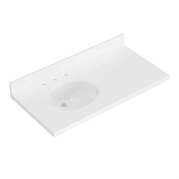 ARIEL 43 in. W x 22 in. D in Pure White Quartz with 1.5 in Thick Milter Edge with White Round Single Sink Vanity Top in White