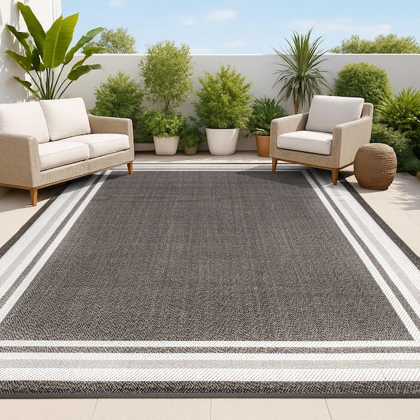 JONATHAN Y James Modern Black/Cream 5 ft. x 8 ft. Border Stripe Indoor/Outdoor Area Rug
