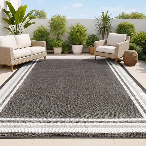 James Modern Border Stripe Black/Cream 8 ft. x 10 ft. Indoor/Outdoor Area Rug