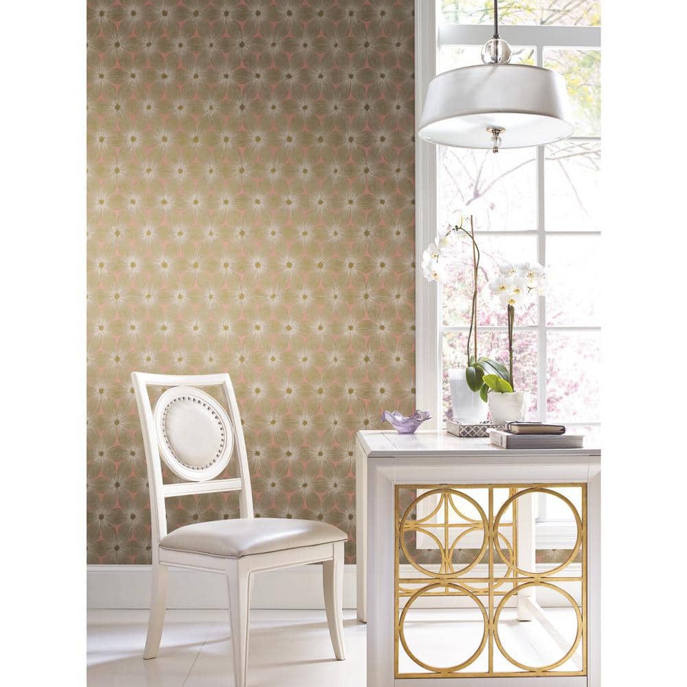 Coral and Gold Floral Vinyl-Coated Wallpaper, 21" x 33'
