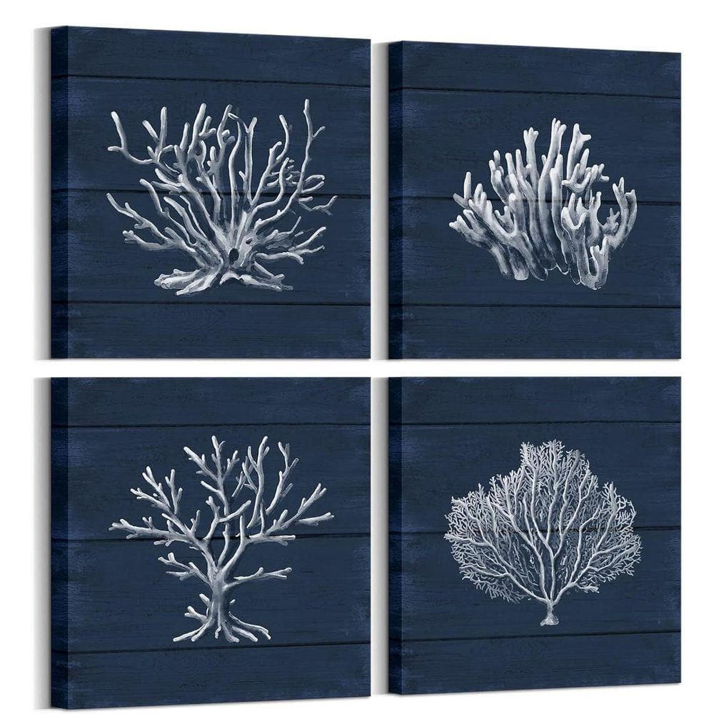4-Piece 12 x 12 in. Framed Coral and Navy Blue Coastal Canvas Wall