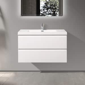 35.5 in. W x 18.9 in. D x 21.7 in. H Single-Sink Wall Mounted Bath Vanity in White with Cultured Marble Top