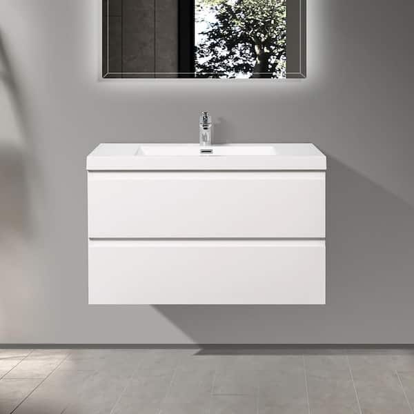 Staykiwi 35.5 in. W x 18.9 in. D x 21.7 in. H Single-Sink Wall Mounted Bath Vanity in White with Cultured Marble Top