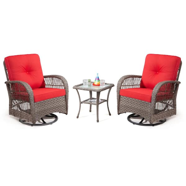 Unbranded 3-Piece Patio Wicker Outdoor Rocking Chair Set, Outdoor Swivel Patio Chair with Side Coffee Table and Red Cushion