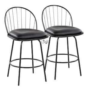 Riley Claire 26.25 in. Black Faux Leather, Black Wood and Black Metal Counter Stool with Metal Legs (Set of 2)